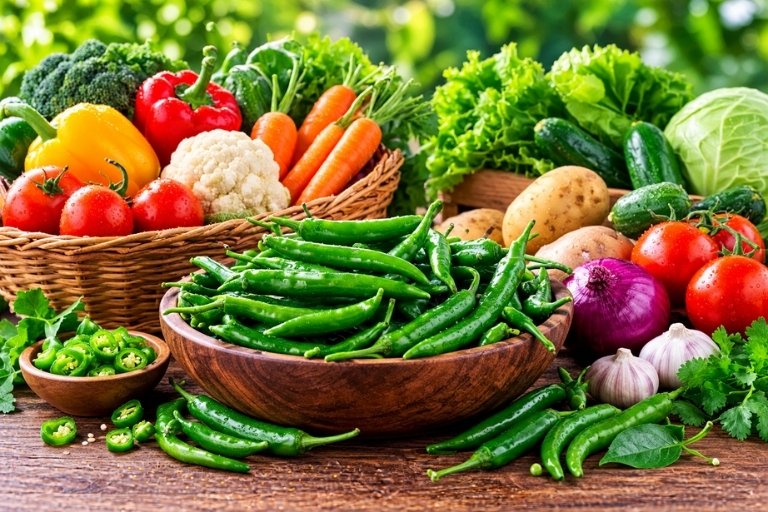 Green chillies and vegetables